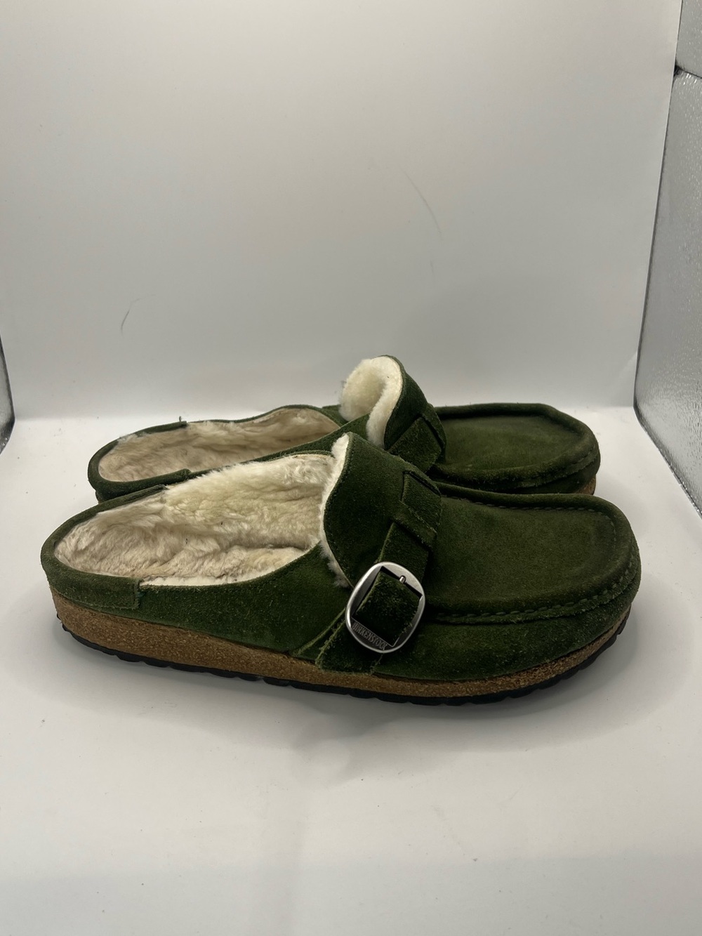 Birkenstock Olive Green Suede Shearling Clogs with Buckle - Picture 2 of 13